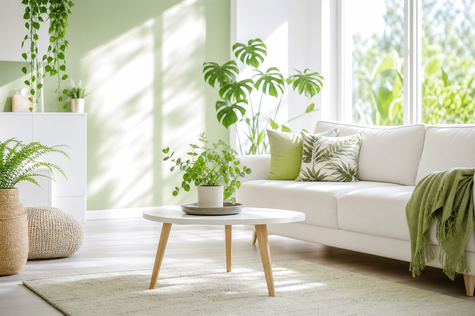 Bright, fresh living room with green plants